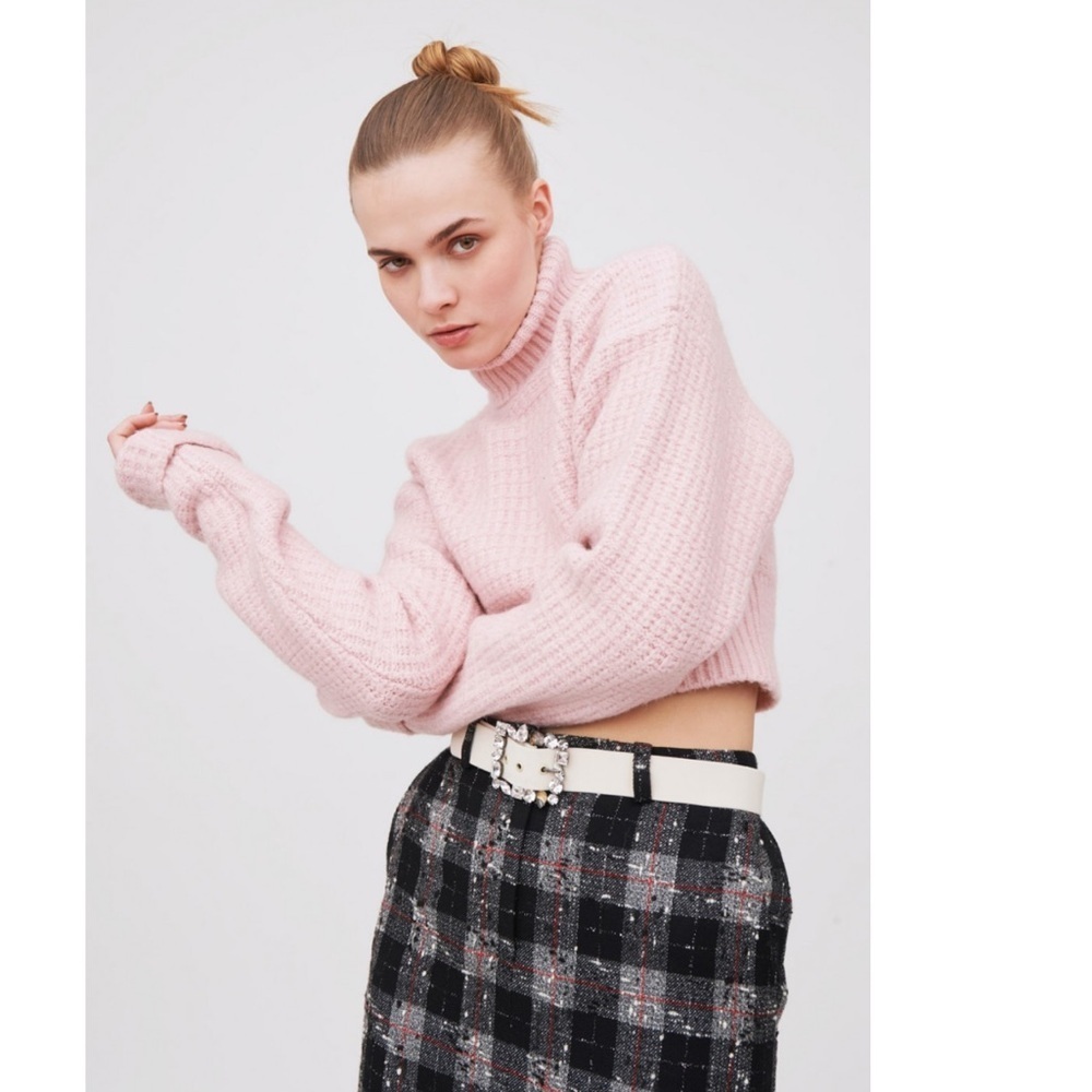 For Love & Lemons  ‘Madeline’ Turtleneck Crop Sweater  large pink waffle knit - Picture 5 of 16